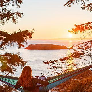 A student with long hair studies in a hammock hung between two trees overlooking the ocean.